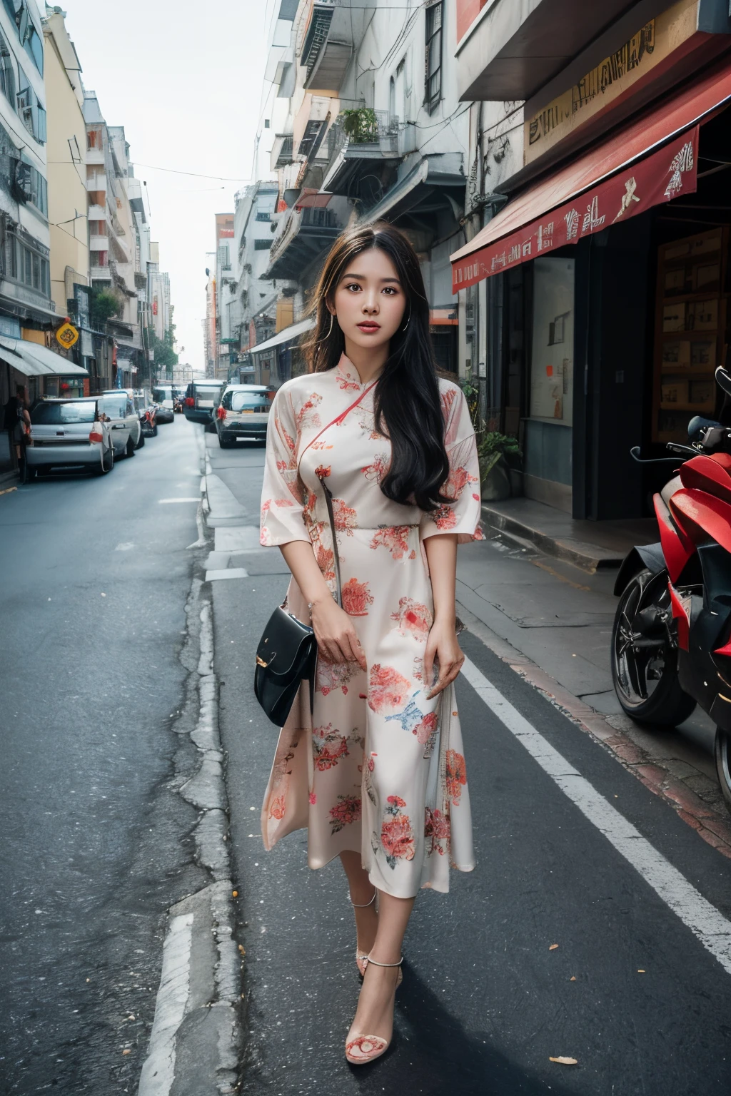 (8K, 超高分辨率:1.1) Nguyen, 18 years old energetic Vietnamese girl, Modern Vietnamese style clothing exudes youthful charm. She wears stylish gown with modern patterns and designs, Show off her fashion-forward sense. High-resolution images capture ultra-detailed realism, Highlight Nguyen&#39;captivating brown eyes, flawless complexion, and long black hair. Colorful street art and bustling cityscapes add youthful energy to the urban backdrop, Creates a visually captivating performance by Nguyen&#39;modern vietnamese style.