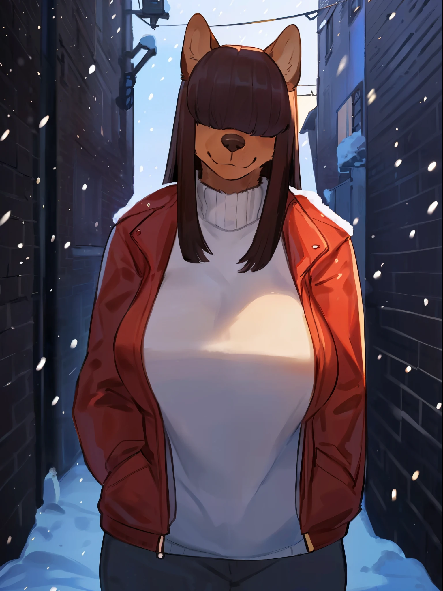 By bebebebebe, by lostgoose, by goonie-san, solo, female, canine, ((snout, hair covering eyes, straight hair, medium hair, flat hair, thin snout, brown fur)), dark maroon hair, big breasts, (muscular), alley, winter, snow, snowing, smiling, looking at viewer, standing, red puffer jacket