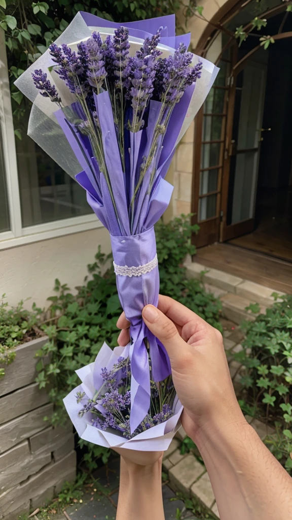 a bouquet of lavender flowers with a hand holding