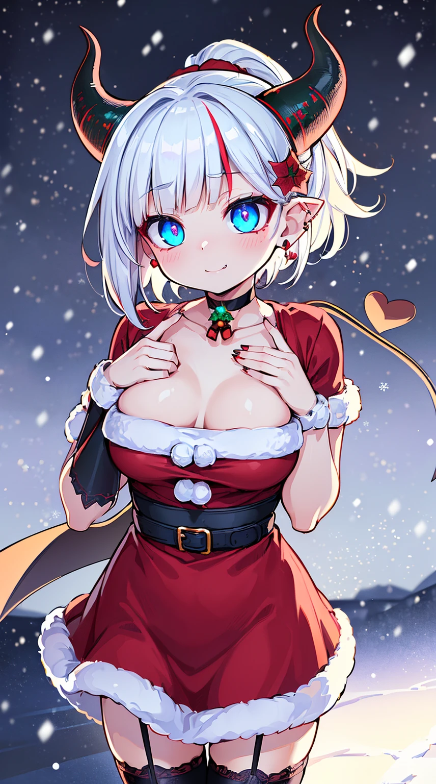 ((( (Winter background), (Snowing), (Christmas theme), (Slutty Santa outfit), ))) BLACKLIGHT, ((NSFW)), ((Medium Boobs)), realistic art, extremely delicate and beautiful, ultra-detailed, (1girl), ((Blue eyes)), floating, detailed light, illustration, dynamic angle, depth of field, ((((milf)))), girly, ((Blue and White hair, multicoloured hair, Blue highlights hair, (Ponytail), hair ornament, hair flower, flower, makeup, braid, smile)), demon eyes, fangs, pale white skin, (((best quality, tall girl, (skindentation), (blur background:0.6), (casual yet stylish, ((Demon Horns)), ), gorgeous, (short hair:1.5), soft lighting, wind, (front light:1.5), surprised, choker, smile, jewelry, earrings))), (ultra high res, best quality,), (8k, raw photo, best quality, masterpiece), technological sense, best quality, masterpiece, illustration,CG ,unity ,wallpaper, official art, Amazing, finely detail, an extremely delicate and beautiful,extremely detailed, highly detailed, sharp focus,rich background, (real person,photograph), ((high detailed skin)), ((( , (crazy eyes:1.3), (wide-eyed:1.2), (glowing eyes), (Demon) ))), (((a close up of a person with a weird face and nails, gothic maiden anime girl, gothic - cyberpunk, cyberpunk horror style, gothic art style, detailed digital anime art, gothic art, demon anime girl, gothic girl face, anime style 4 k, dark art style, anime cyberpunk art, gothic aesthetic, 18 - year - old anime goth girl, gothic horror vibes)))