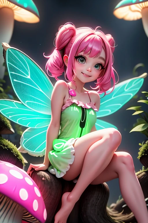 (TinkerWaifu:1), a fairy smiling sitting on a ((neon mushroom)), neon forest at night, neon fairy dress, neon choke, neon hair band