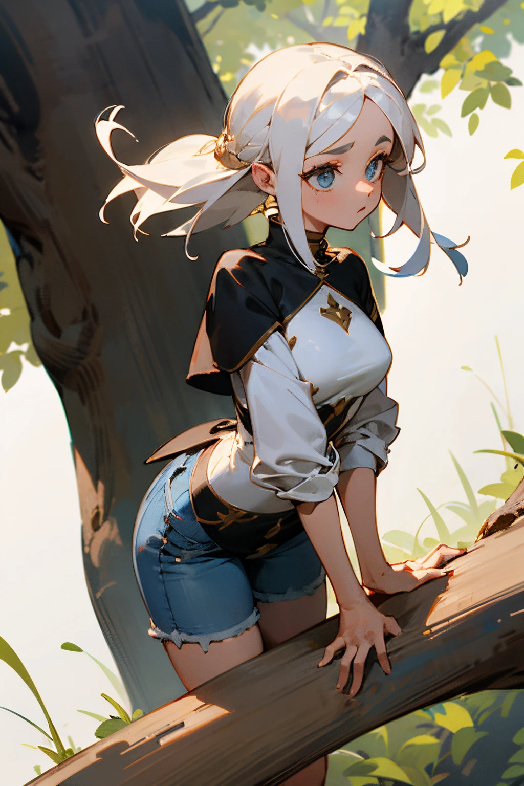Uma garota com pele parda, cabelos grande e preto, olhos castanhos, um vestido preto, uma short jeans, tronco mais fino e a cintura mais definida