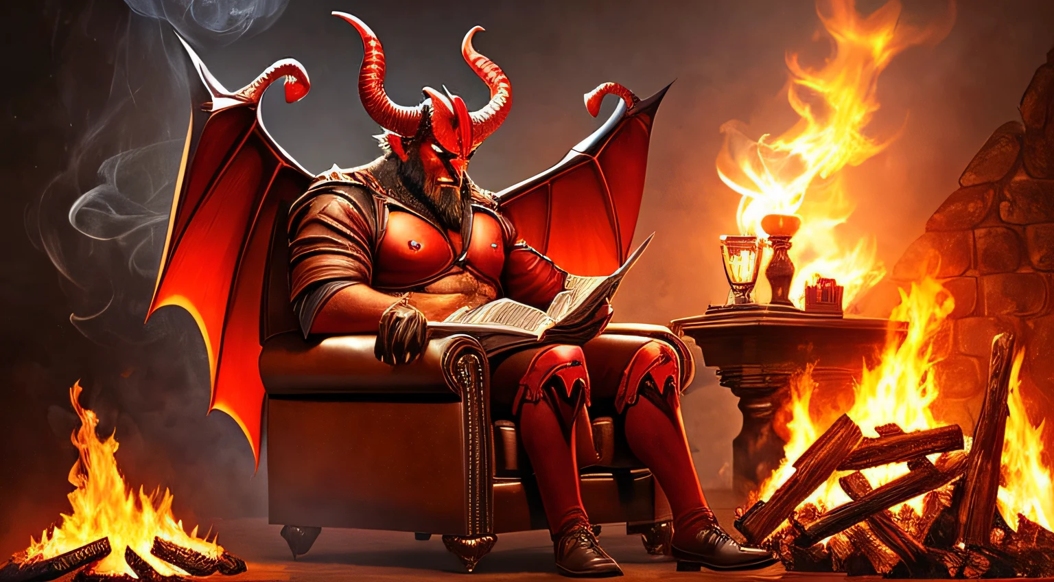 A large devil with ram horns and large (bat wings:1.1), he has dark red skin. he is sitting in an arm chair by a roaring fire. He is smoking a pipe and reading a newspaper. Fantasy art.