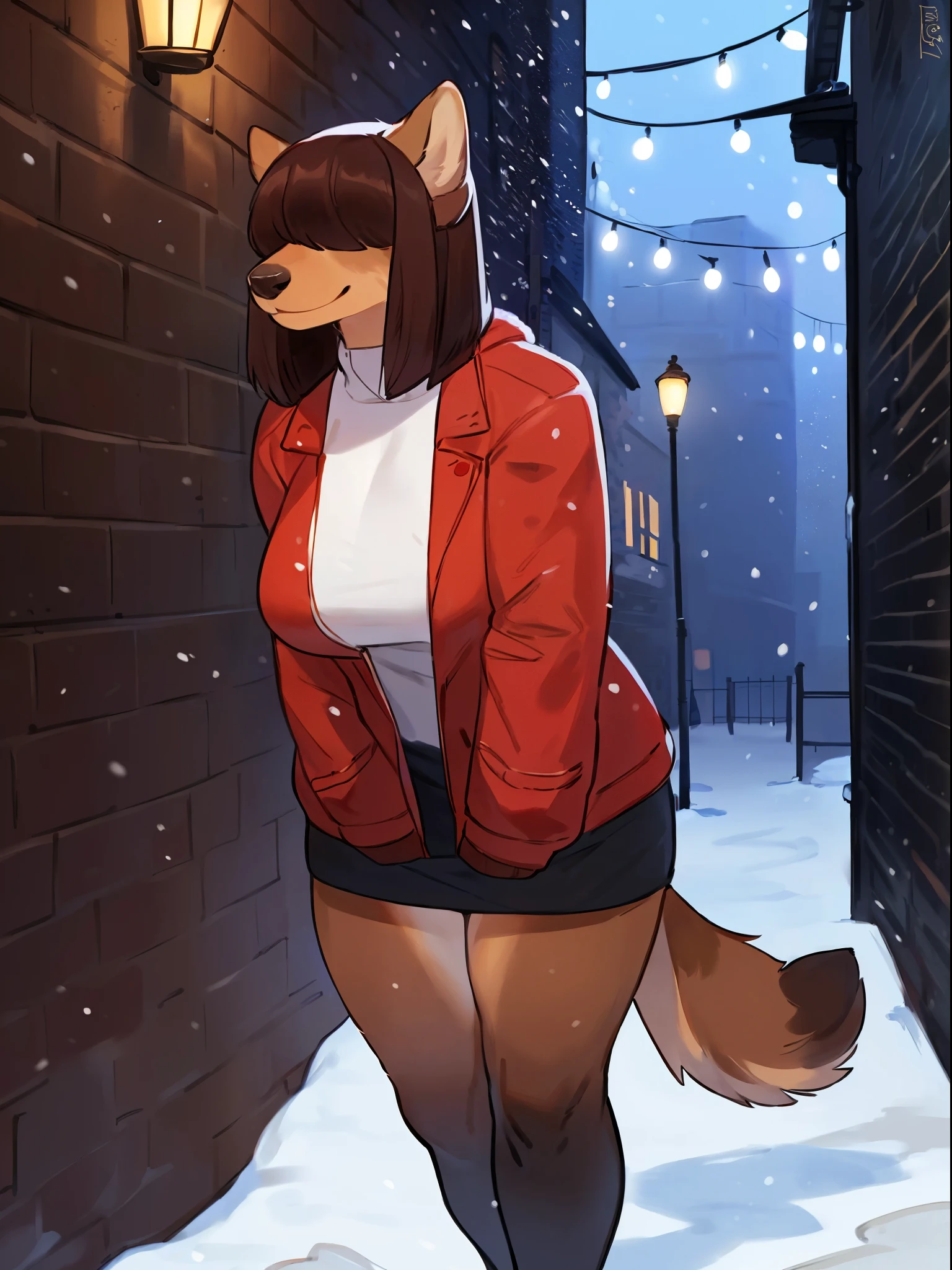 By bebebebebe, by chelodoy, by lostgoose, by goonie-san, solo, female, canine, ((snout, hair covering eyes, straight hair, medium hair, flat hair, thin snout, brown fur)), dark maroon hair, big breasts, (muscular), alley, winter, snow, snowing, smiling, looking at viewer, view from the side, red puffer jacket, hands in pockets, poofy tail, raised tail, butt, bottomless, vagina