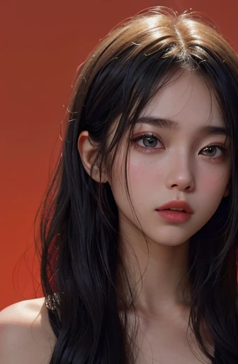 a 20 yo woman,long hair,dark theme, soothing tones, muted colors, high contrast, (natural skin texture, hyperrealism, soft light, sharp),red background,simple background,