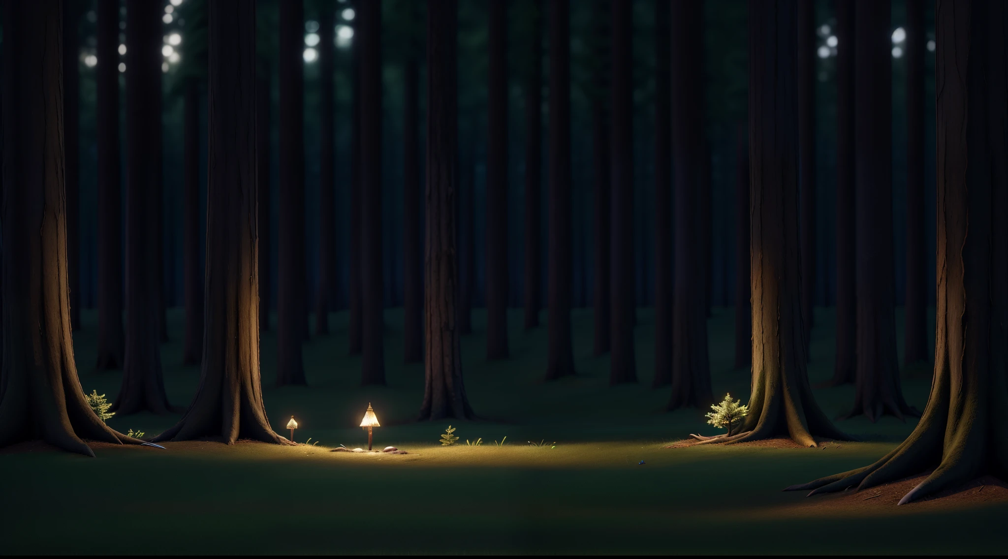 Nighttime forest, untouched nature, dark woods, a tiny distant light in the background