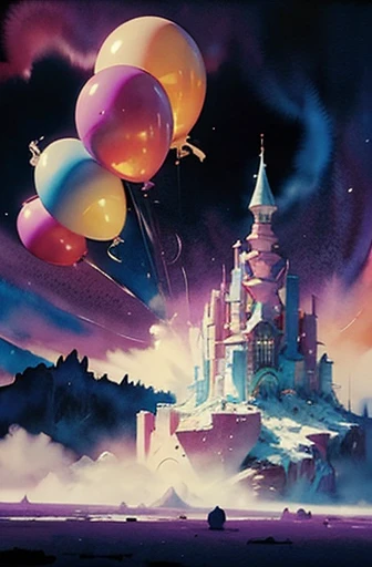 A girl sitting on a giant ice cream, which is adorned with vibrant colors, delightful frosting, and rainbow sprinkles. She holds an oversized waffle cone,shimmering candies. Floating around her are some small balloons, each tied to a petite candy. The scene is filled with sweetness and joy, showcasing the girl's happiness and the enchanting fusion of her imagination and a fantastical world,fantasy, high contrast, ink strokes, explosions, over exposure, purple and red tone impression , abstract, ((watercolor painting by John Berkey and Jeremy Mann )) brush strokes, negative space,