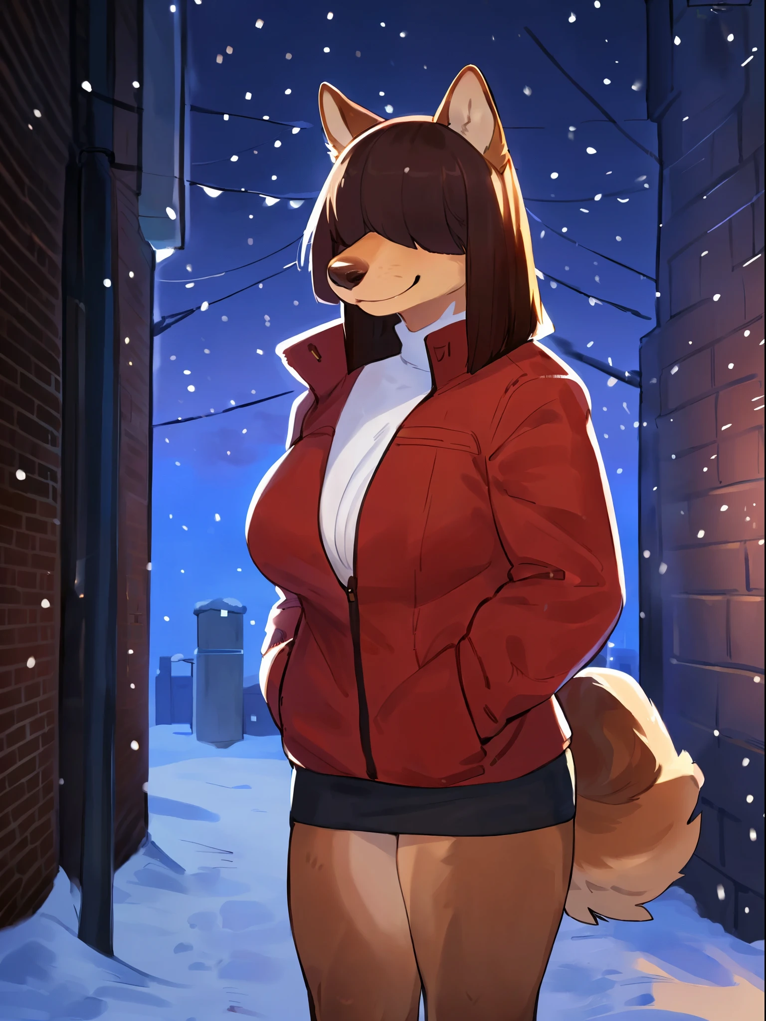 By bebebebebe, by lostgoose, by goonie-san, solo, female, canine, ((snout, hair covering eyes, straight hair, medium hair, flat hair, thin snout, brown fur)), dark maroon hair, big breasts, (muscular), alley, winter, snow, snowing, smiling, looking at viewer, standing, red puffer jacket