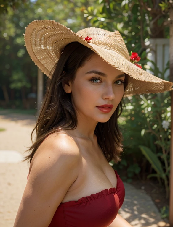 brunette with hot, perfect body, Rebecca, cherry red lipstick, 64k, makeup, full body, top-quality, hightquality, Extreme Detail Photography, Eye for extreme detail, masterpiece, 16k, 8k, 4K, HD, UHD, Summer in the Mountains, a beautiful woman, posing for a picture, looking aroused, she is wearing a tight summer dress,stockings,red lips, sunhat with a flower, depth of field, bokeh, close up shot of her face and cleavage from the side, Brunette Blue Eyes Rebecca, full body view