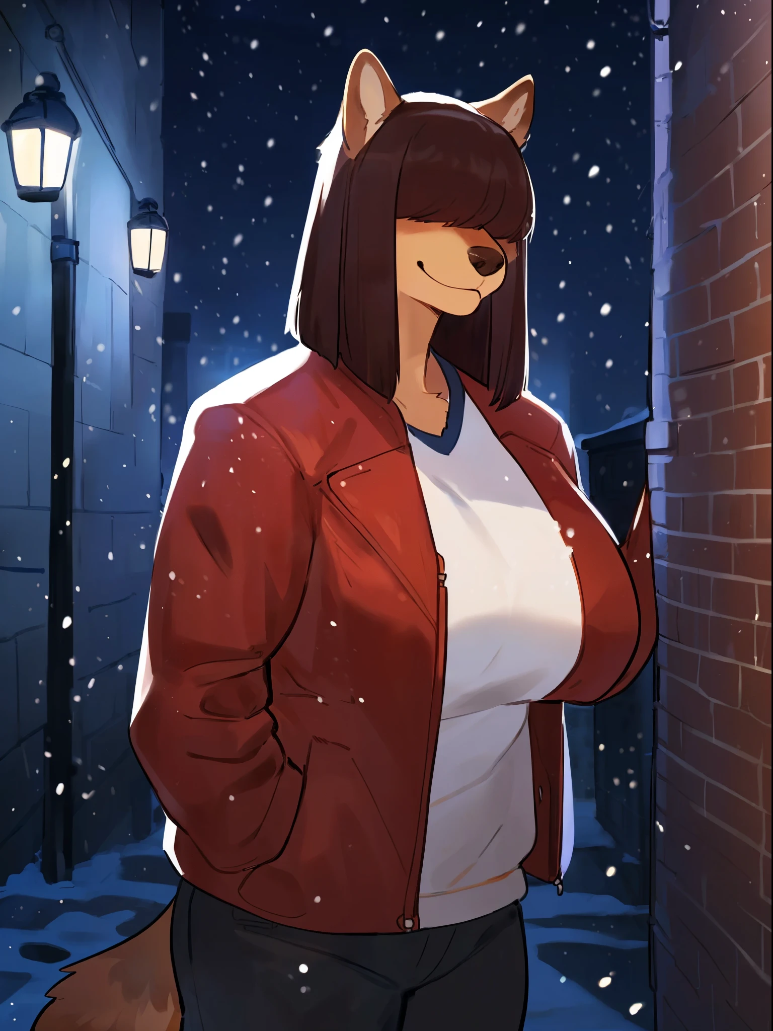 By bebebebebe, by lostgoose, by goonie-san, female, canine, ((snout, hair covering eyes, straight hair, medium hair, flat hair, thin snout, brown fur)), dark maroon hair, big breasts, (muscular), alley, winter, snow, snowing, smiling, looking at viewer, red puffer jacket, duo, anthro on anthro, blowjob, sucking penis, focus on head, pov, male pov