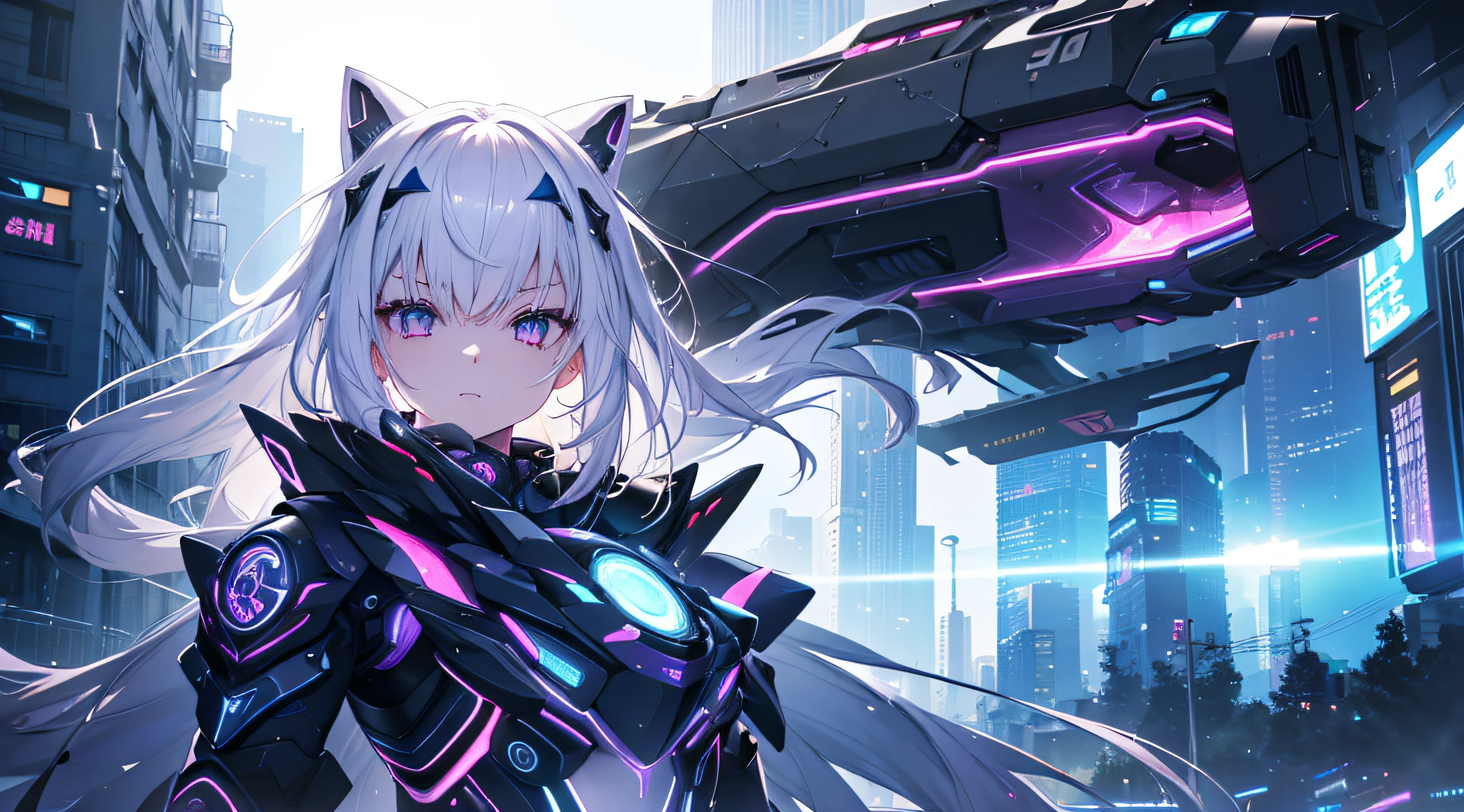 cyber punk style, A young girl with white hair, long_the hair, Wear a high-fork swimsuit, Power exoskeleton, in city, natta, (tmasterpiece:1.2), (Best quality,4K,8K,A high resolution), ultra - detailed, (actual,realistically,realisticlying:1.37), HighDynamicRange, hyper HD, Studio lighting, Extremely detailed description, professional, vibrant with colors, bokeh, sporty attire, The landscape, Japanese cartoons, Concept artist, neon colored, futuristic lighting.