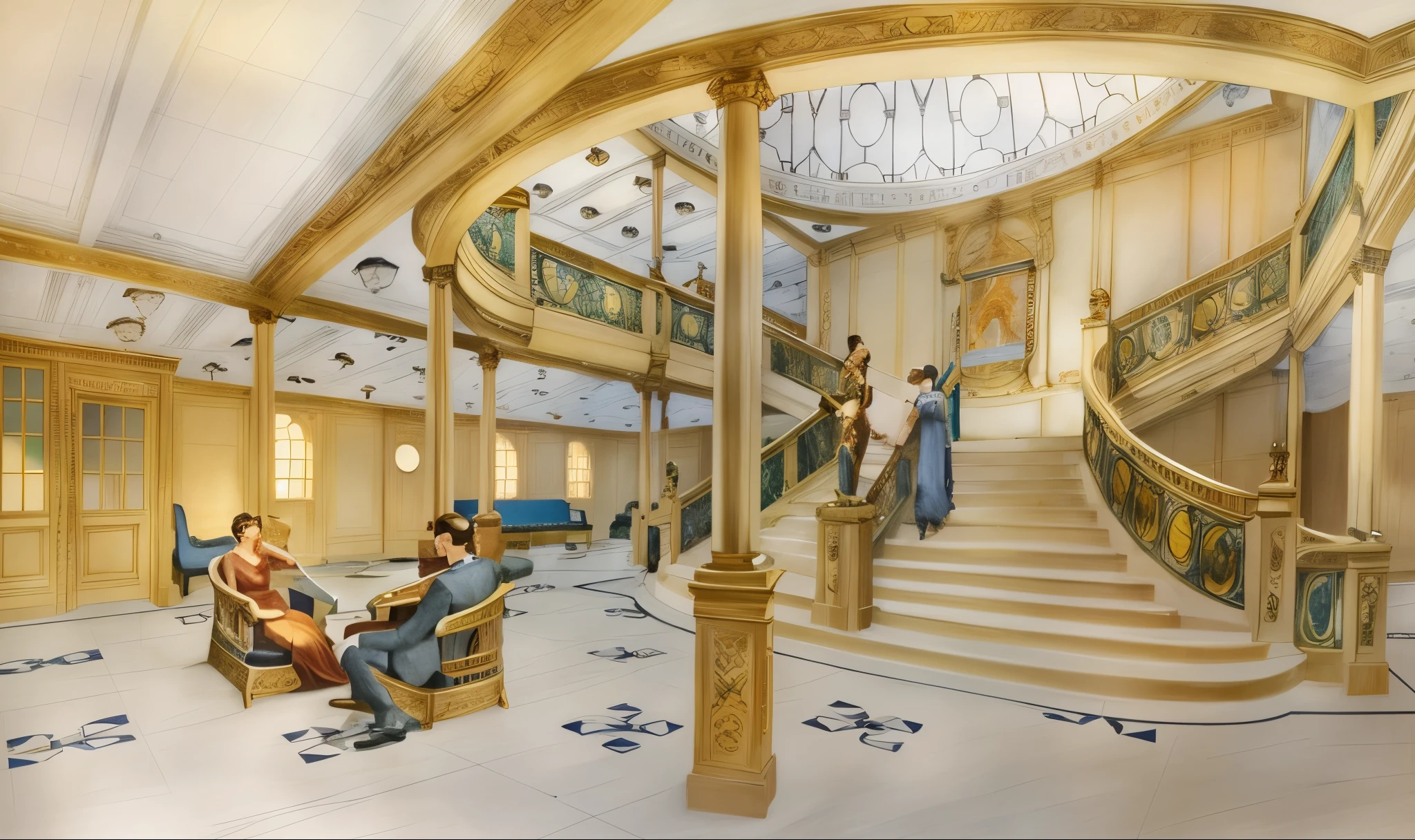 there is a man and woman sitting at a table in a large room, titanic ship interior, wide grand staircase, 1 staircase, by Richard Mayhew, inside a grand, exquisite rendering, ship interior, disney fantasy style, art nouveau environment, disney concept art, disney concept artists, titanic ship exterior, sitting on a grand staircase, large staircase, grand library