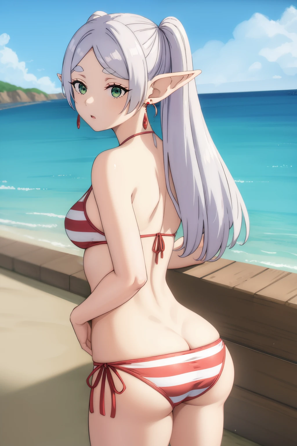 1girl, bikini, side-tie panties, striped bikini, tan, long hair,, masterpiece, best quality, highly detailed,masterpiece, best quality,show breasts, show ass, beach on the background, highly detailed, 1girl,solo,elf,white hair,grey hair,earrings,pointy ears,long hair,ponytail,green eyes,twintails,parted bangs,thick eyebrows,