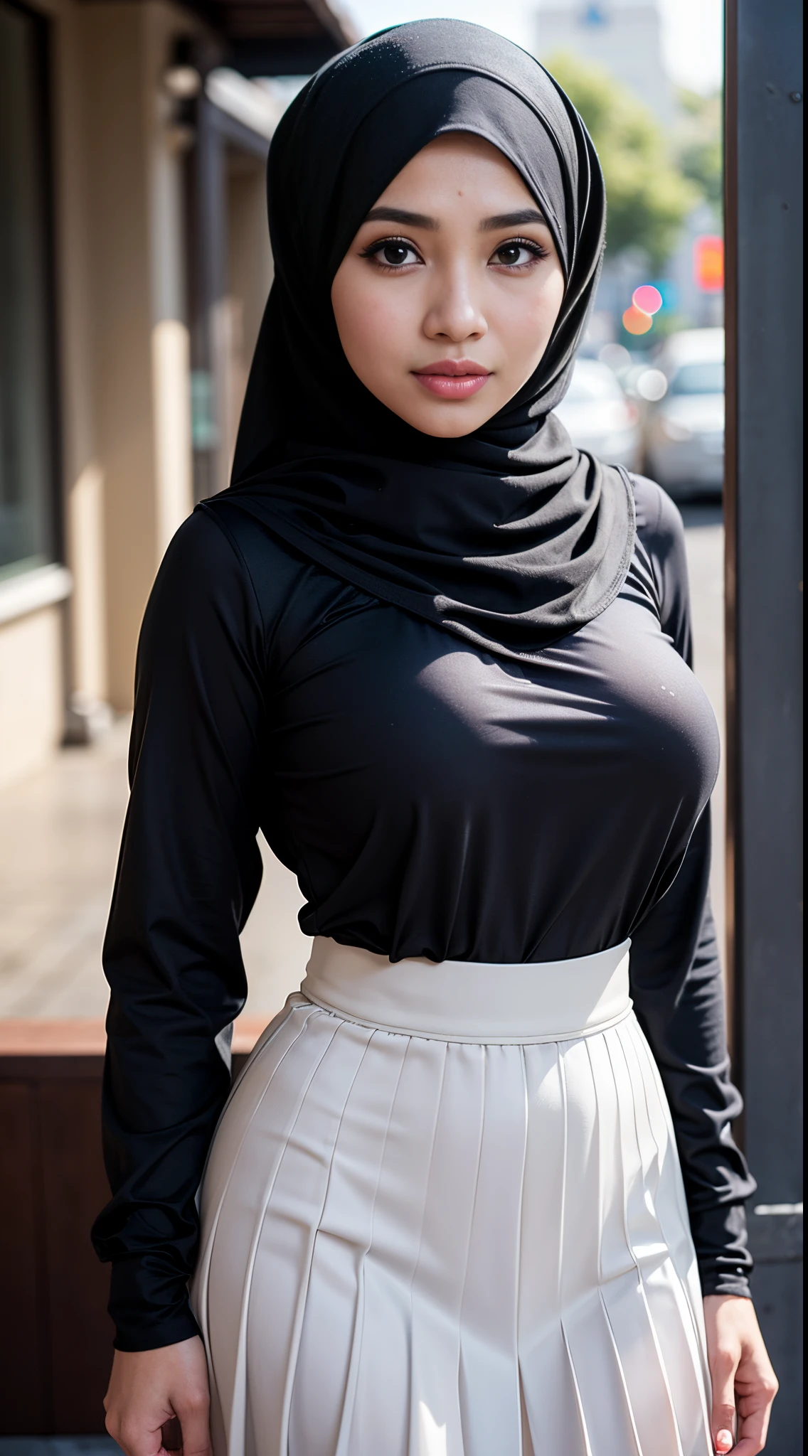 1 malay girl , modern plain hijab,  shy, medium portrait shot , watery  eyes ,lip watery, lip glossy, open mounth, ((big breast)), Best quality, high resolution, masterpiece: 1.3), beautiful Malay woman in hijab, big breasts, slim figure, (wet white blouse), ( Self-raising gray  long pleated skirt), on the street details and facial and skin textures beautifully rendered, eye details, double eyelids, chest great look,Very detailed,On the road,(bokeh)