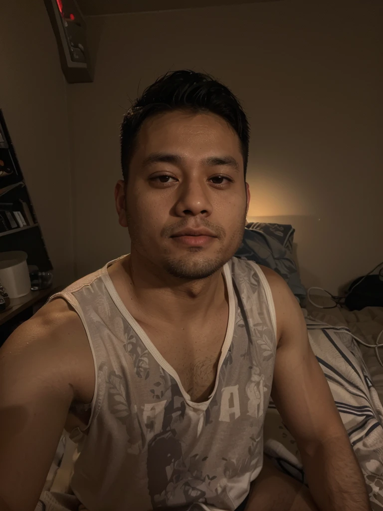 there is a man sitting on a bed with a remote control, 2 7 years old, 2 8 years old, 2 9 years old, (38 years old), 4 0 years old man, 3 2 years old, 38 years old, 35 years old, 3 5 years old, 3 6 years old, 2 3 years old, asian male