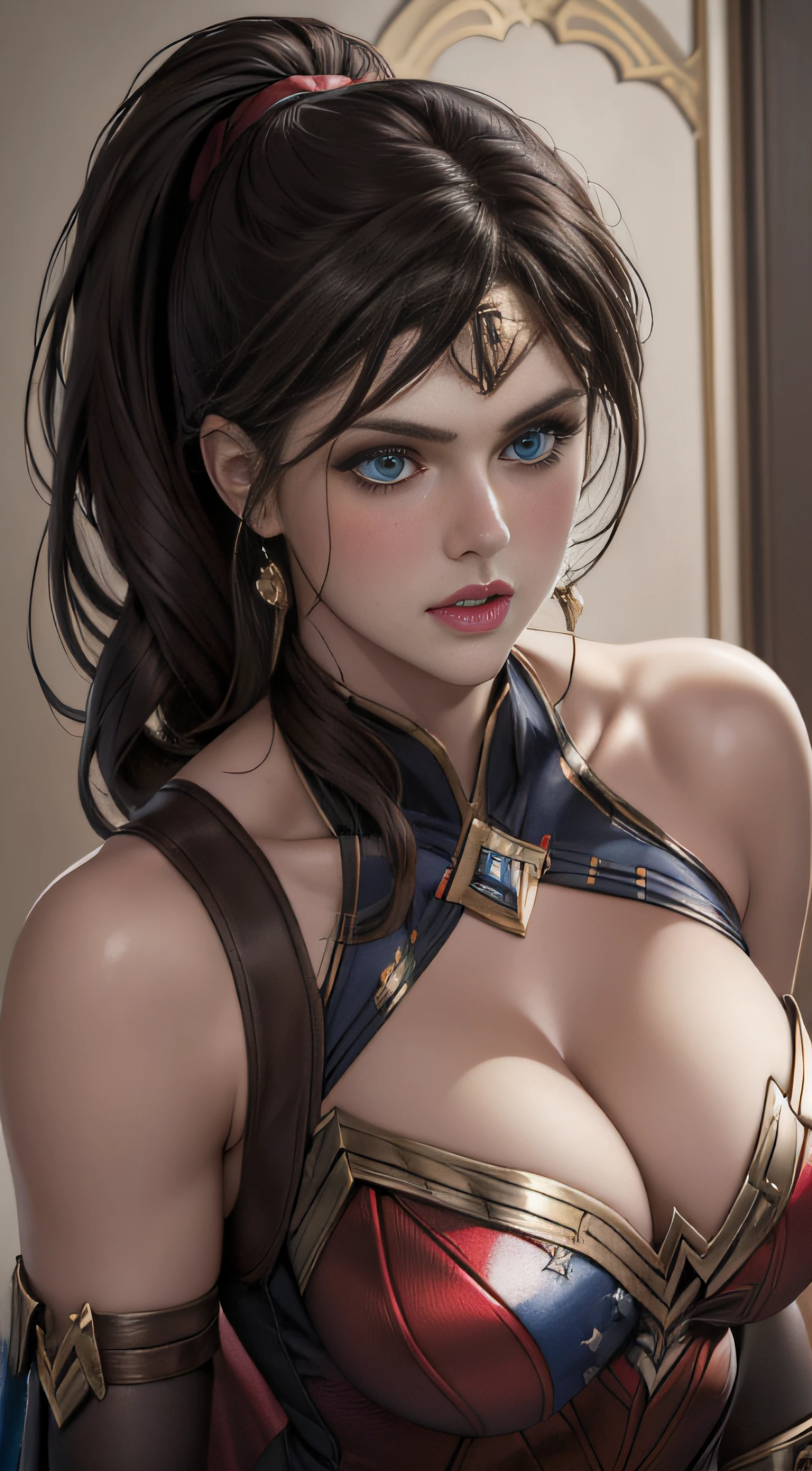 (best quality,4k,8k,highres,masterpiece:1.2),ultra-detailed,(realistic,photorealistic,photo-realistic:1.37),portrait, Carly  ,beautiful detailed eyes,beautiful detailed lips,extremely detailed face,long eyelashes, sexy,soft lighting,subtle background,professional photography,vivid colors full body , kidnapped by a fan, blushing face () full body (seductive) (ready for sex) (biting her lips) (black Wonder Woman outfit) (blue eyes) alexandra daddario (ponytail)