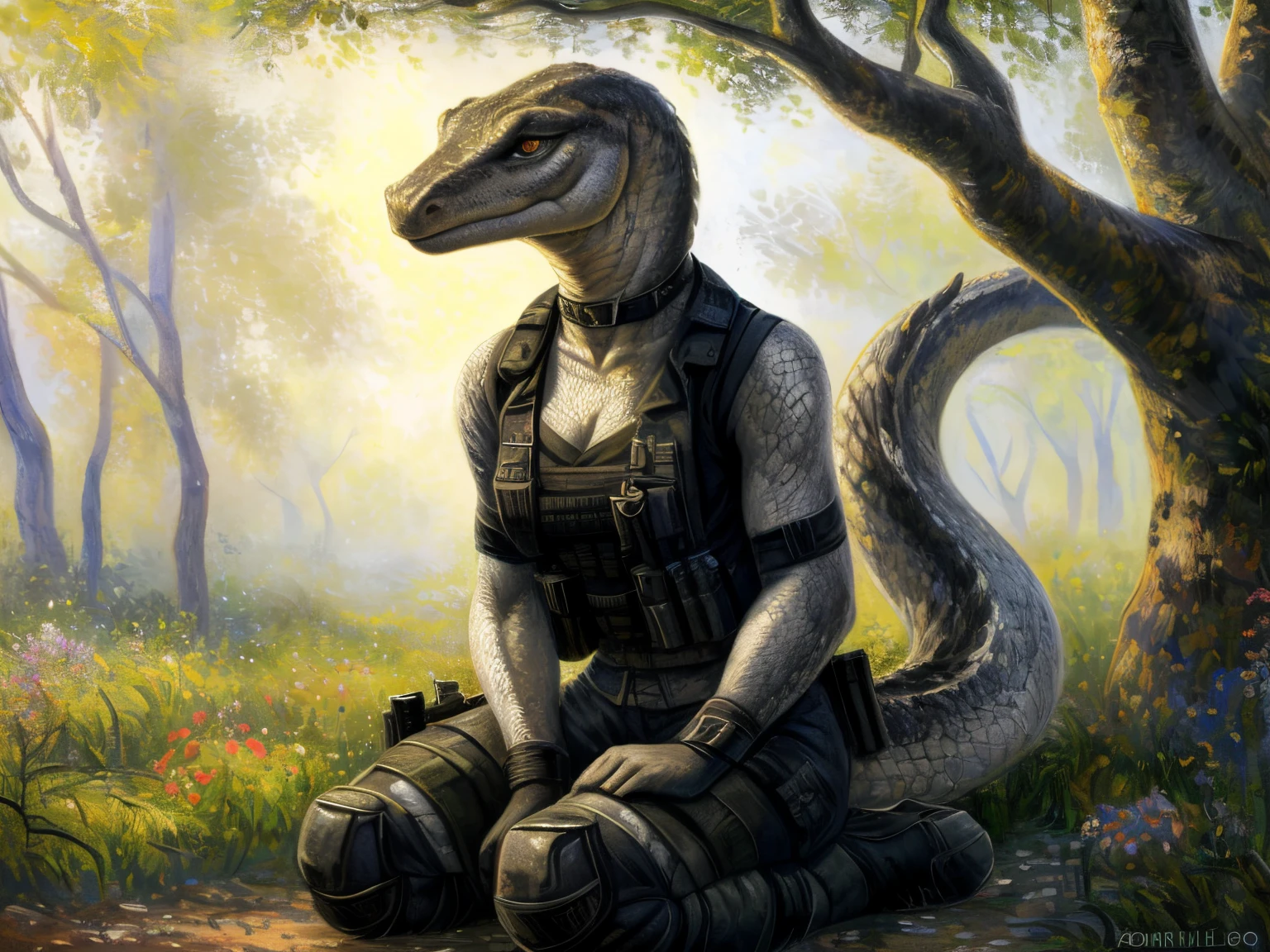 ((Impressionist style)), Pointillist style, Painterly style, desaturated, unusual colors, Masterpiece, by Blotch, (by demicoeur), by jailbird, ((by Camille Pissarro)), ((in the style of Camille Pissarro)), ((slim body)), (Hand-drawn style)
solo, female varanus, female, detailed anthro varanus, (((ambar eyes, simple eyes))), (dark black skin), (dark black body:1.3), ((((wearing black blouse, black shorts, Vest with tactical equipment, knee pads and tactical straps on her legs))), detailed reptile feet, ((slim long snout, long snoot, reptile tail)), (((detailed scaly skin, White scales on neck and chest))), slim tail, anatomically correct,  [detailed ambient light], busty, Serious face, upset face, Face showing discontent, (monochromatic white background, simple background, Natural lighting, looking to the side, skin reflecting ambient light), wide angle, Kneeling, sitting in rifle shooting pose, detailed reptile legs, (cinematic lighting), perfect angle