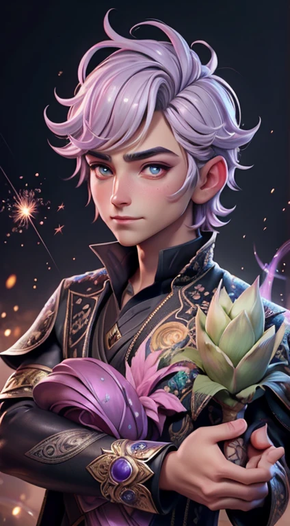 genetic modification: fantastically handsome male artichoke prince, huge expressive eyes, swirl of sparks, fantasy art, ultra-detailed, hyperrealism, glitter and shimmer, paisley, floral print, fine details, bokeh and shimmering dust, fog, dark world, paint splashes