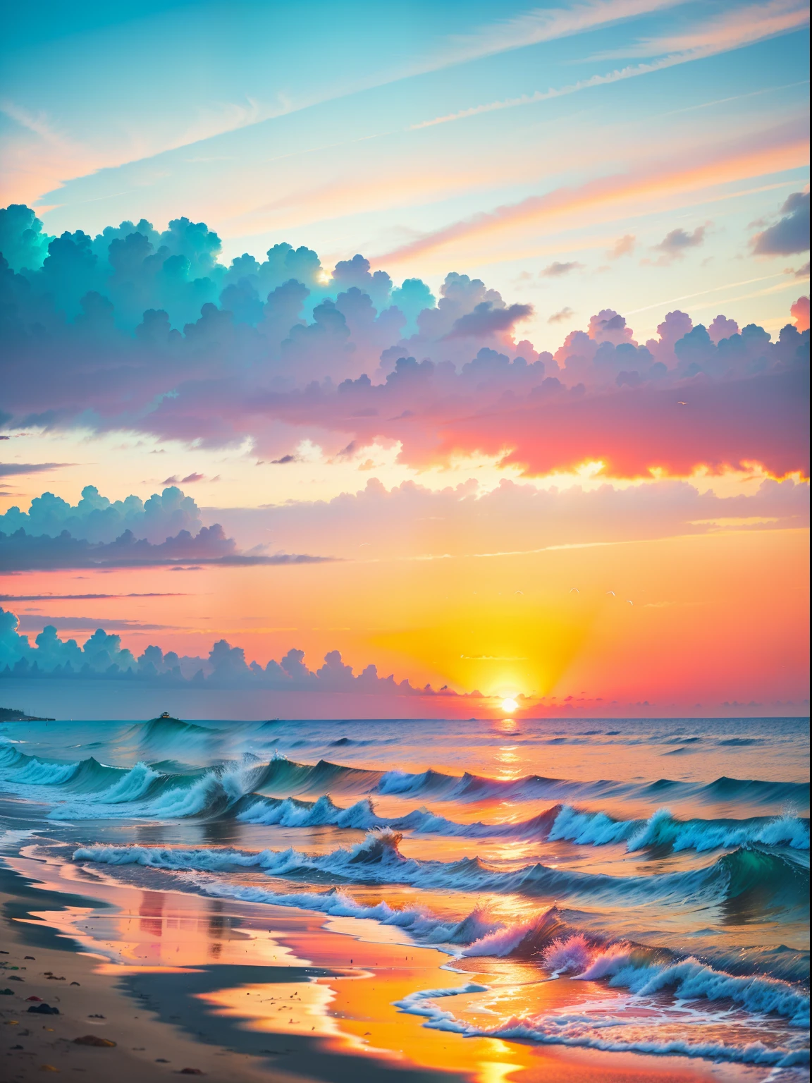 An absolutely mesmerizing sunset on the beach, with a mix of orange, pink, and yellow in the sky. The water is crystal clear, gently kisses the coast, and the white sand is endless. The scene is dynamic and breathtaking, with seagulls soaring high in the sky and palm trees swaying softly. Immerse yourself in the calm atmosphere and let the serenity surround you.