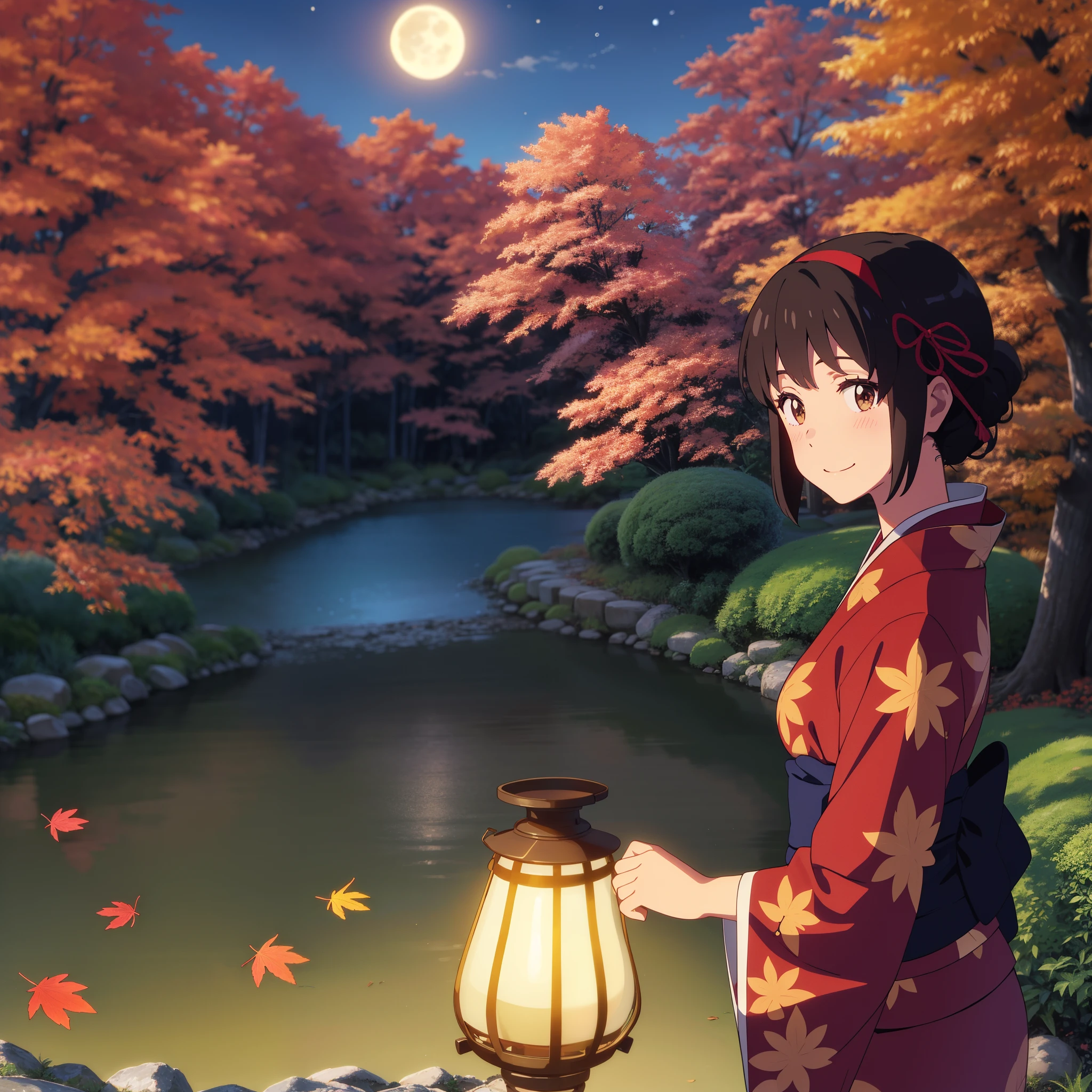 (masterpiece, best quality, high quality, highres, ultra-detailed), shinkai makoto, kimi no na wa., 1girl, bangs, black hair, blush, bright eyes, brown eyes, headband, looking at the viewer, red bow, red headband, red ribbon, japanese clothes, kimono, floral print, sash, obi, print kimono, yukata, short hair, medium breasts, solo, outdoors, shadow, night, starry sky, night sky, shiny skin, moon lighting, standing, smile, happy, bracelet, lantern, {{{{{{in autumn}}}}}}, maple leaf, maple tree, fallen leaves, park, falling leaves, autumn scenery, warm color., beautiful, pretty, {{{{fluttering leaves}}}}