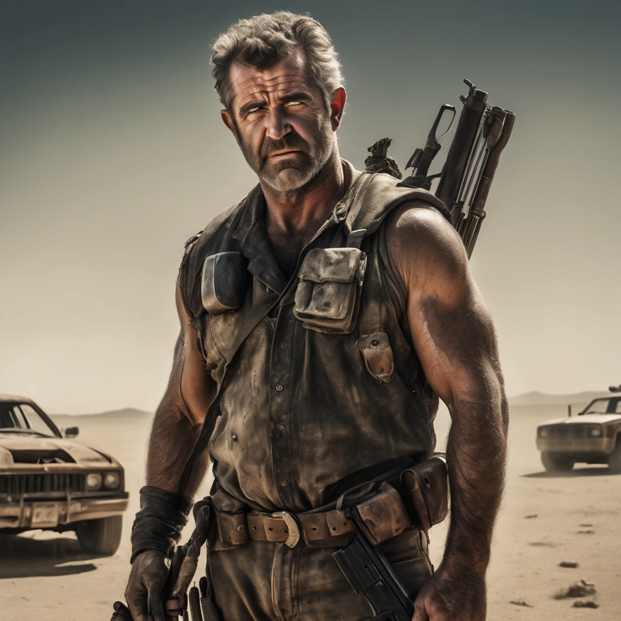 MEL GIBSON,Mad Max,homem parado com sua espingarda apoiada em meu ombro,dystopian wasteland,rough and robust,paisagem desolada,cores silenciadas,poeira e areia,Detalhes gritantes,dystopian protagonist,Fierce determination,post apocalyptic scenario,intense and epic,luz solar severa,cabelos varridos pelo vento,roupas empoeiradas,rosto desgastado,Determination in your eyes,adventure and survival,vigilante justice,arid horizon,cinematic composition,Nomadic lifestyle,action-packed,despair and resilience.