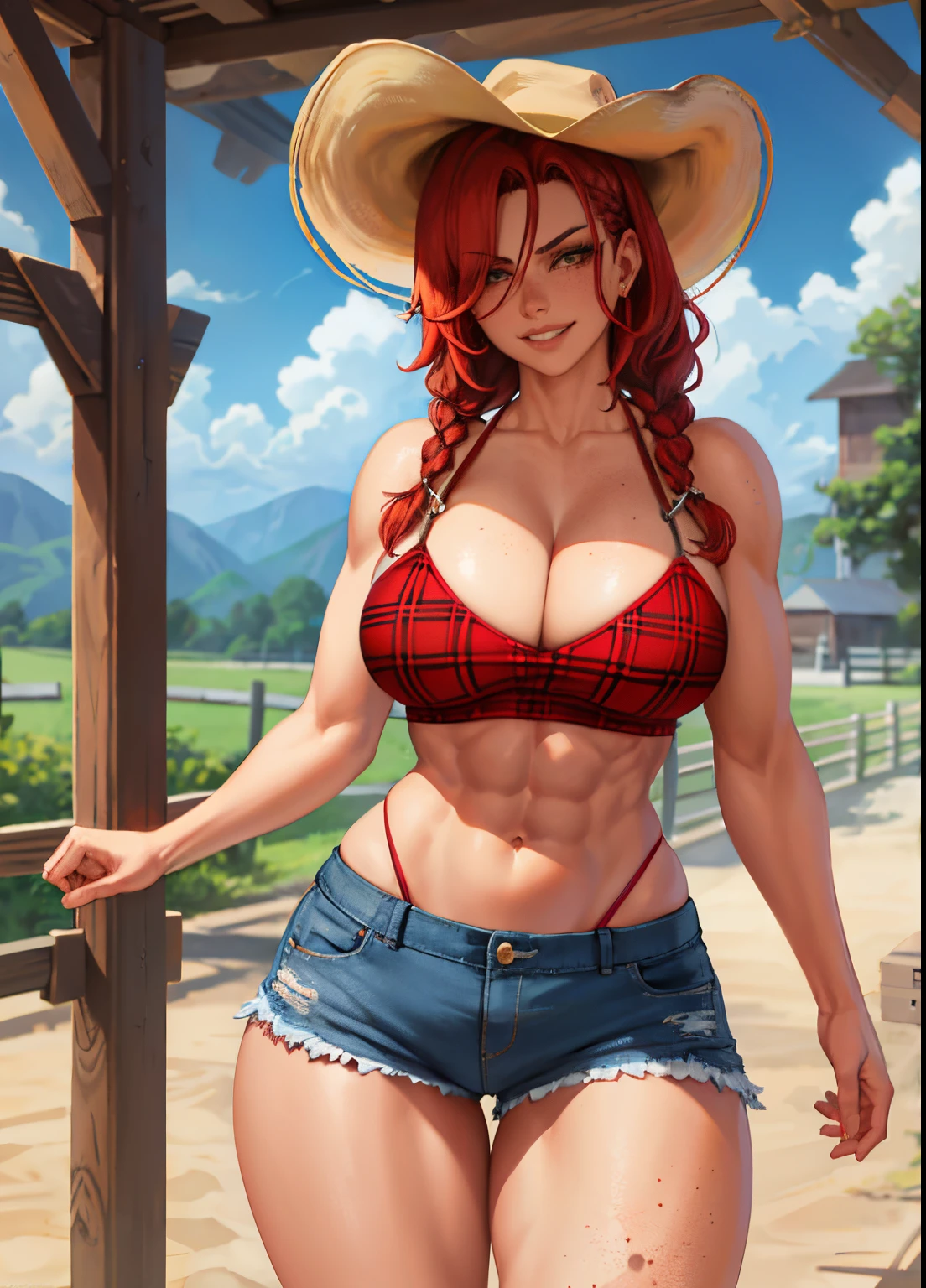 1girl, beautiful, perfect lighting, muscular, thick thighs, mature female, milf, navel, abs, looking at viewer (masterpiece, high quality:1.1) ,cowboy hat,body freckles,barn,pale skin,red hair, braid, ,short shorts,plaid shirt, skindentation, cleavage,grin