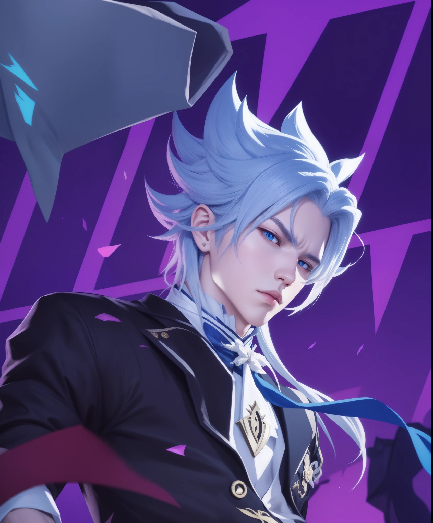 realistic character with white hair and blue eyes on purple background, dashing dream demon, handsome guy in demon slayer art, important realistic art, keqing from genshin impact, art style realistic magic activated, hajime yatate, nagito komaeda, elegant realistic main image, important realistic art details, genshin impact character, zhongli from genshin impact