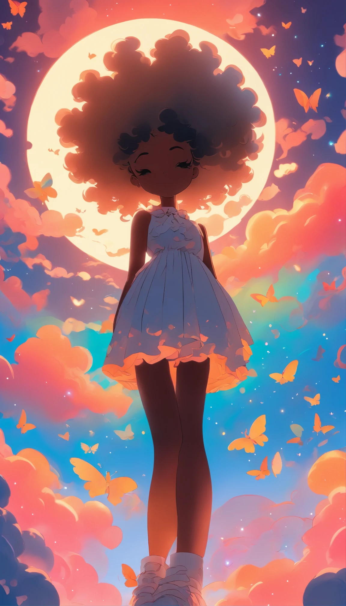 ( 2D Layered paper cutout art, Silhouette Art)silvery moon, 1 solo girl with curly Afro hair silhouette, city silhouette, full body, urban casual fashion clothing, backlighting, soft glowing highlight, intricate masterpiece, digital art, whimsical storybook character, soft blue twilight , beautiful detailed face, butterflies, 96k, hyper detailed, white silvery moon, swirling clouds above, Gradient rainbow textured glass background, by Loish and Yummei, mythical