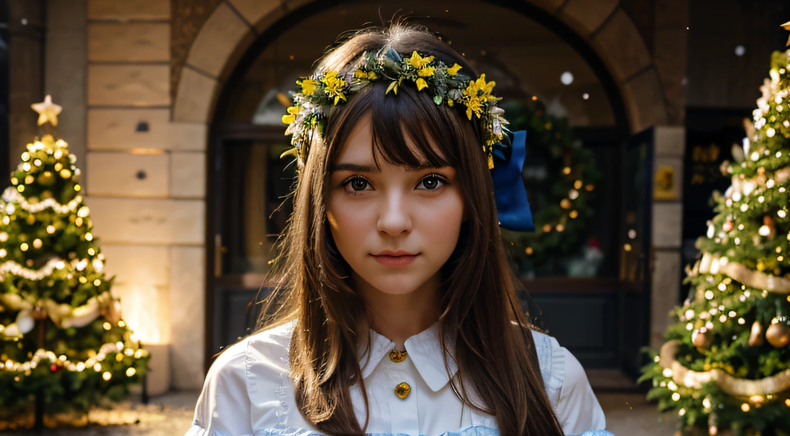 A beautiful Ukrainian girl near a Christmas tree, a yellow and blue wreath of flowers on her head, a Christmas atmosphere,