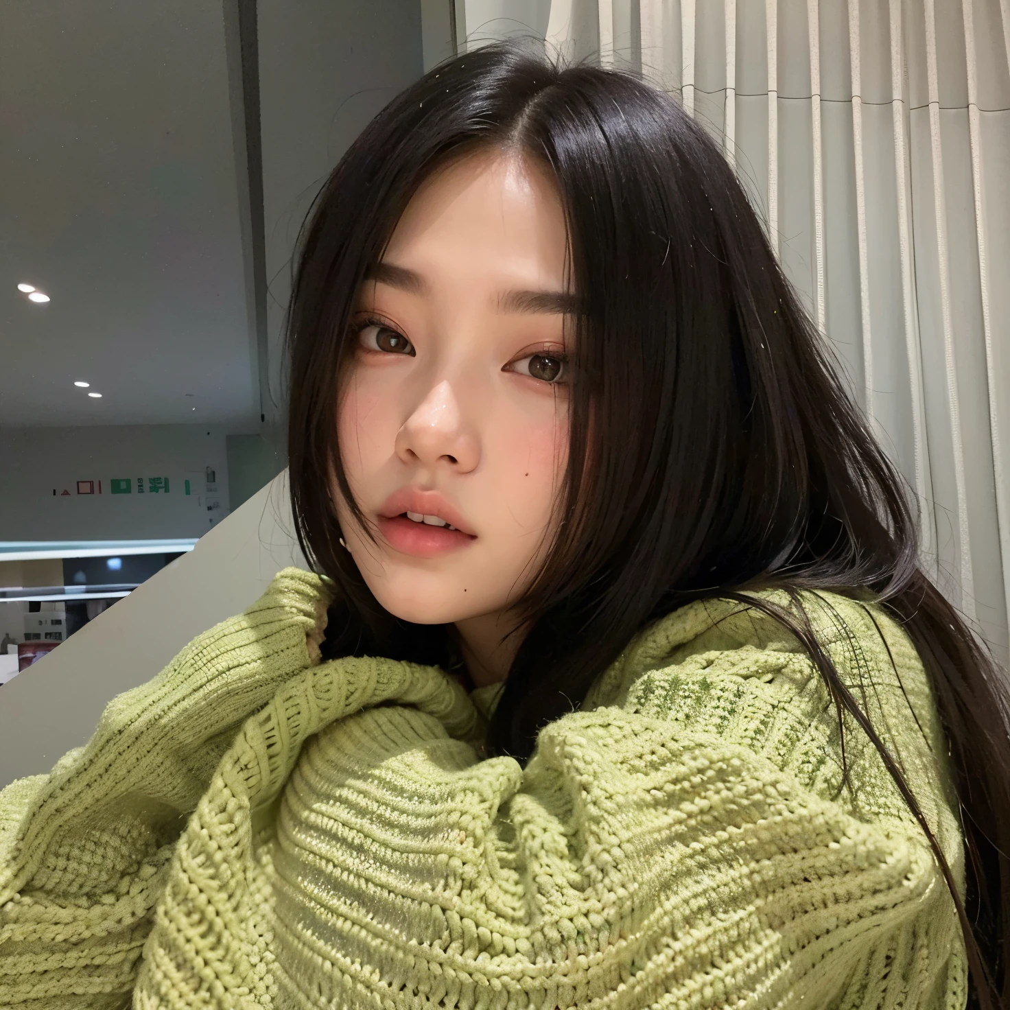 araffed woman with long hair wearing a green sweater, blackpink jennie, ulzzang, korean girl, portrait of jossi of blackpink, jinyoung shin, young cute wan asian face, jaeyeon nam, young asian girl, jossi of blackpink, a young asian woman, wan adorable korean face, xision wu, heonhwa choe, gongbi