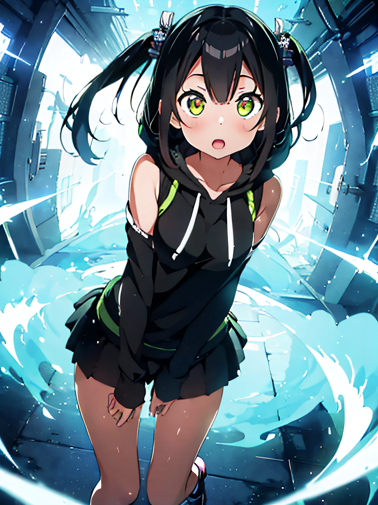 (1girl), bottomless, anime style, polished and powerful look, exotic, girl design, mara, portrait, giesha, anime image, with yellow green side tail long hair, showing shoulder, hoodie, low angle, wide angle lens f/2.8, ultra insane high resolution intricate textures, texture indentation, perfect perspective, perfect geometry, ultra insane ambient lighting, ultra insane ambient shadows, luminism, tessellation, maximalism, perfectionism, IPA Award wining masterpiece, see-through