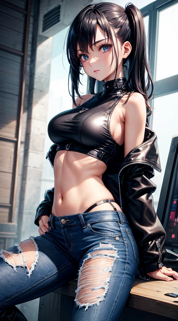 teens girl,Leather jacket(Open front),Tank tops,jeans(Damaged),Leather boots(Black),Big Breast,shotgun in battle,4K,masutepiece,ultra-quality,Ultra Detail,super precision,cyberpunk vibe,Neon lighting,