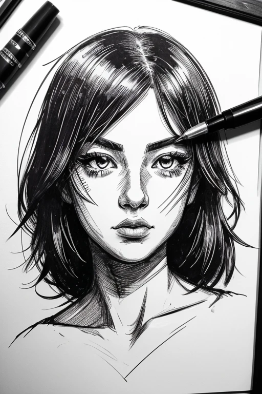 Scratchy pen strokes, blind contour, fisheye perspective closeup, beautiful girl, s face in darkness, stark hatch shaded sketchy scribbly, ink, strong angular shapes, woodcut shading, pen strokes, pouty lips, hungry eyes, minimalist realistic, anime proportions, distorted perspective