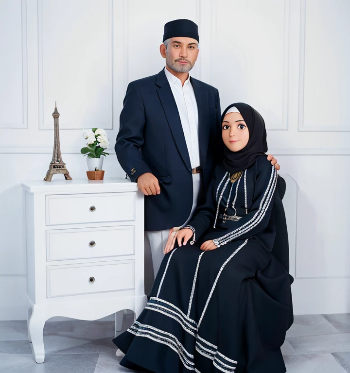 there is a man and woman posing for a picture in a room, full protrait, couple portrait, couples portrait, happy couple, protrait, lovely couple, potrait, couple, momma and papa, portrait full body, photo portrait, couple pose, home photography portrait, studio potrait, portrait image, fullbody or portrait, portrait shot 8 k, portrait shot, the man using muslim cap, muslims cap
