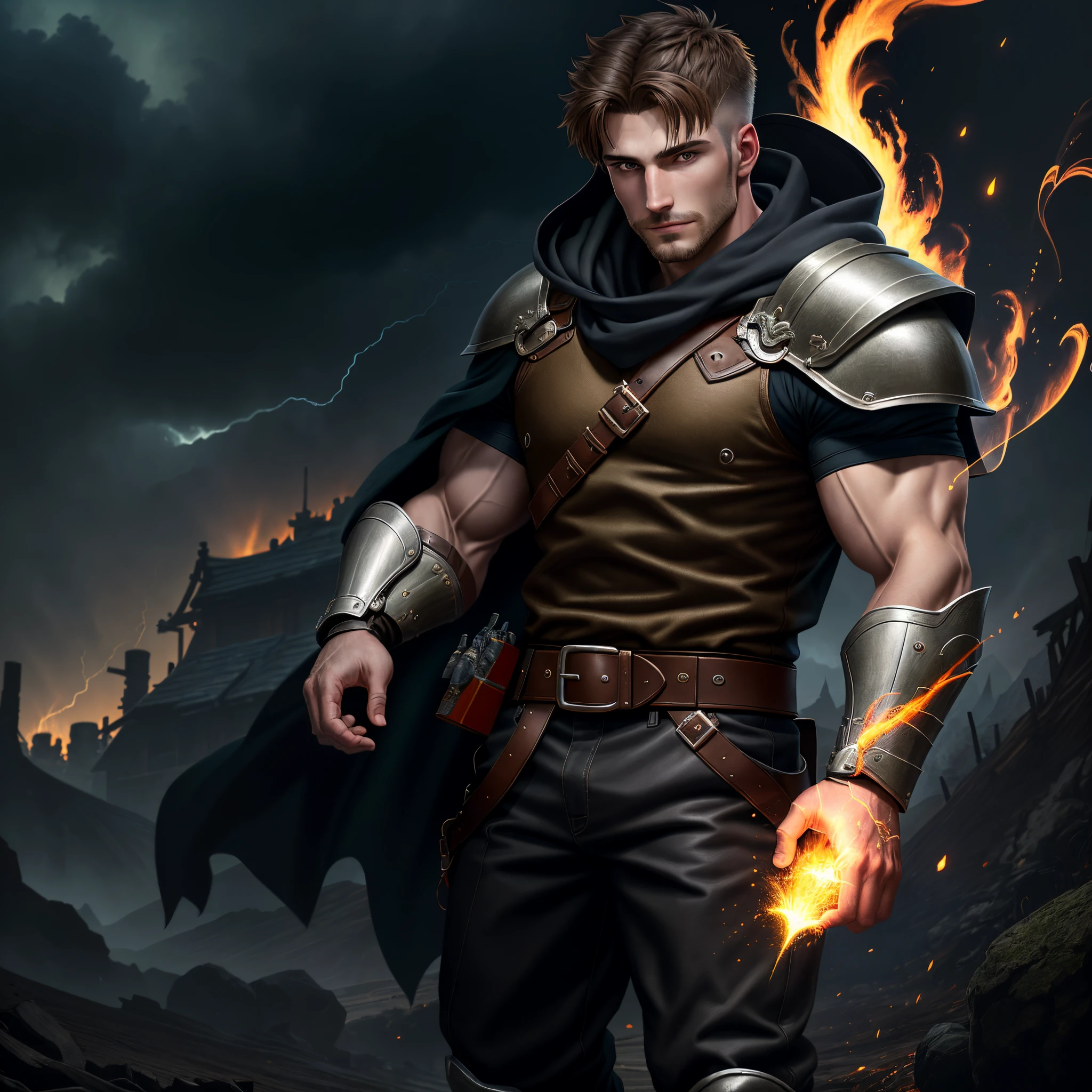 29 year old man, 1 boy, brown short hair, crew cut, short hair parted in the middle, men's short hair with streaks, bright green eyes, without a beard, without goatee, no facial hair, golden medieval knight armor, Golden Paladin, gold and white clothes, a closeup of a, Wind Whirlwind, Lightning around the character, Night complex background, Highly detailed, (Gloomy:1.3), Manipulation of fire, Phoenix Physiology, Fire Magic, Fire attacks, night sky at the entrance, fire light in the background, Forest burning, floating set of bright lights made of red and orange fire particles, floating multitude of fire tongues, higly detailed, Clarity, 8 months, Young guy, 35 years old, Dark brown hair, shingle, dark eyes, Faded white clothes, over regular clothes, for example a shirt, trousers and boots. hood with traditional killer pointed tip, resembling the beak of a bird of prey, short leather coat, attached to one shoulder, and a wide belt, ,真实感, Realistic,There is a man, who smiles, leonid, muscular!!, artem, muscular!, muscular!!!, vitaly bulgarov, Bodybuilder Ernest Khalimov, azimov, Enchev Fill, alexey gurylev, maxim sukharev, ernest khalimov body, andrey surnov, 35 years old,, Brutal man, original head hood,