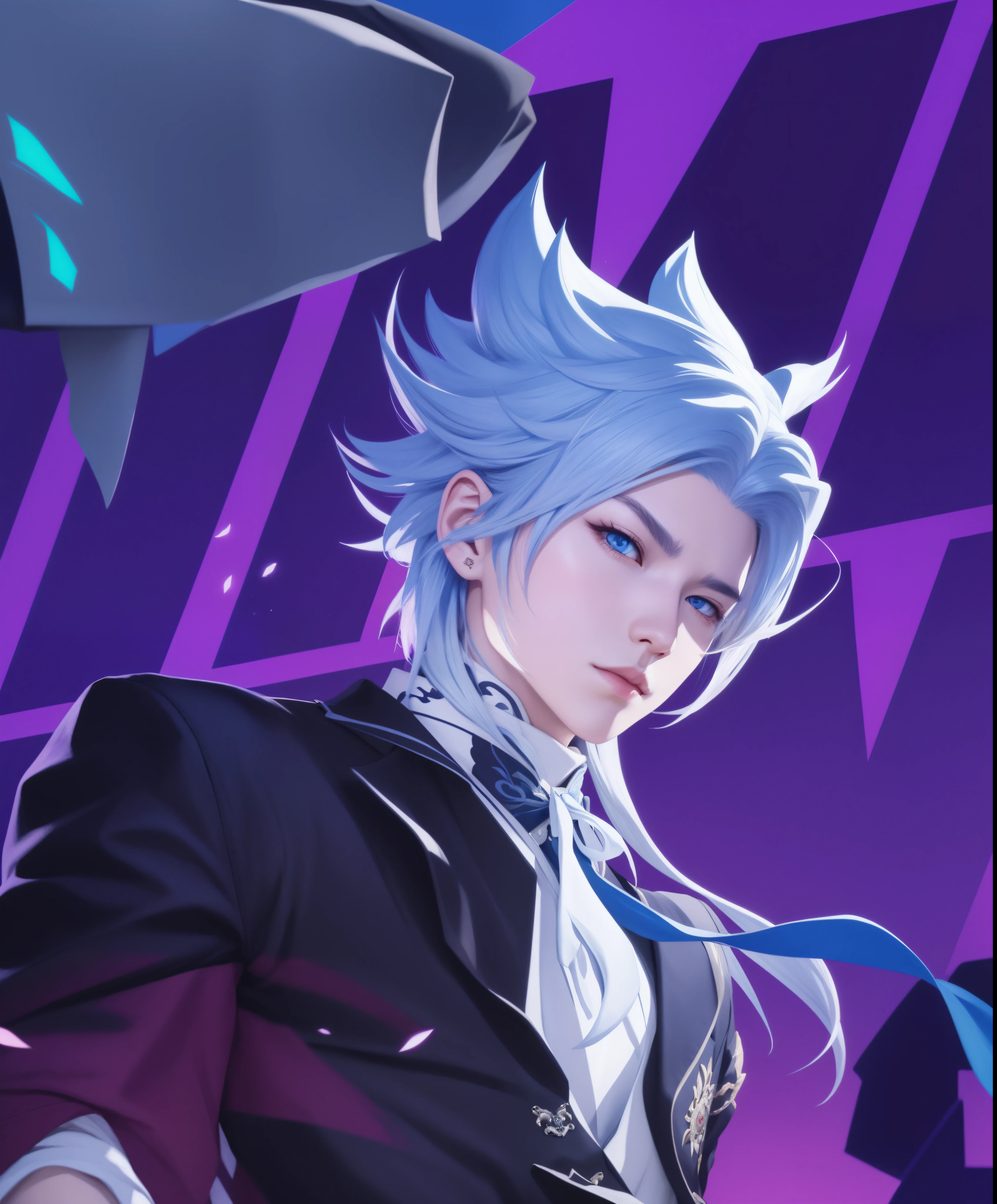 realistic character with white hair and blue eyes on purple background, dashing dream demon, handsome guy in demon slayer art, important realistic art, keqing from genshin impact, art style realistic magic activated, hajime yatate, nagito komaeda, elegant realistic main image, important realistic art details, genshin impact character, zhongli from genshin impact