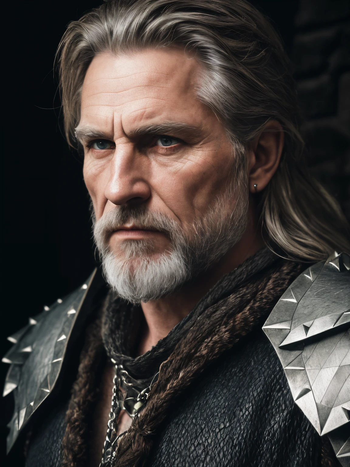 (Highest quality:1.3), cinematic shot, masterpiece, (sharp focus:1.5), (photorealistic:1.3),  medium portrait of (a weary-looking but still proud and fierce-looking old Viking warrior, now the leader of his village, dressed in elaborately detailed chain mail and leather armour, a few torches burn on the walls, giving the scene a dark atmosphere but sculpting the forms in sharp chiaroscuro), it is night time, (highly detailed skin),  (detailed face), detailed background, dark lighting, twilight lighting, volumetric lighting,  intricate details, UHD,