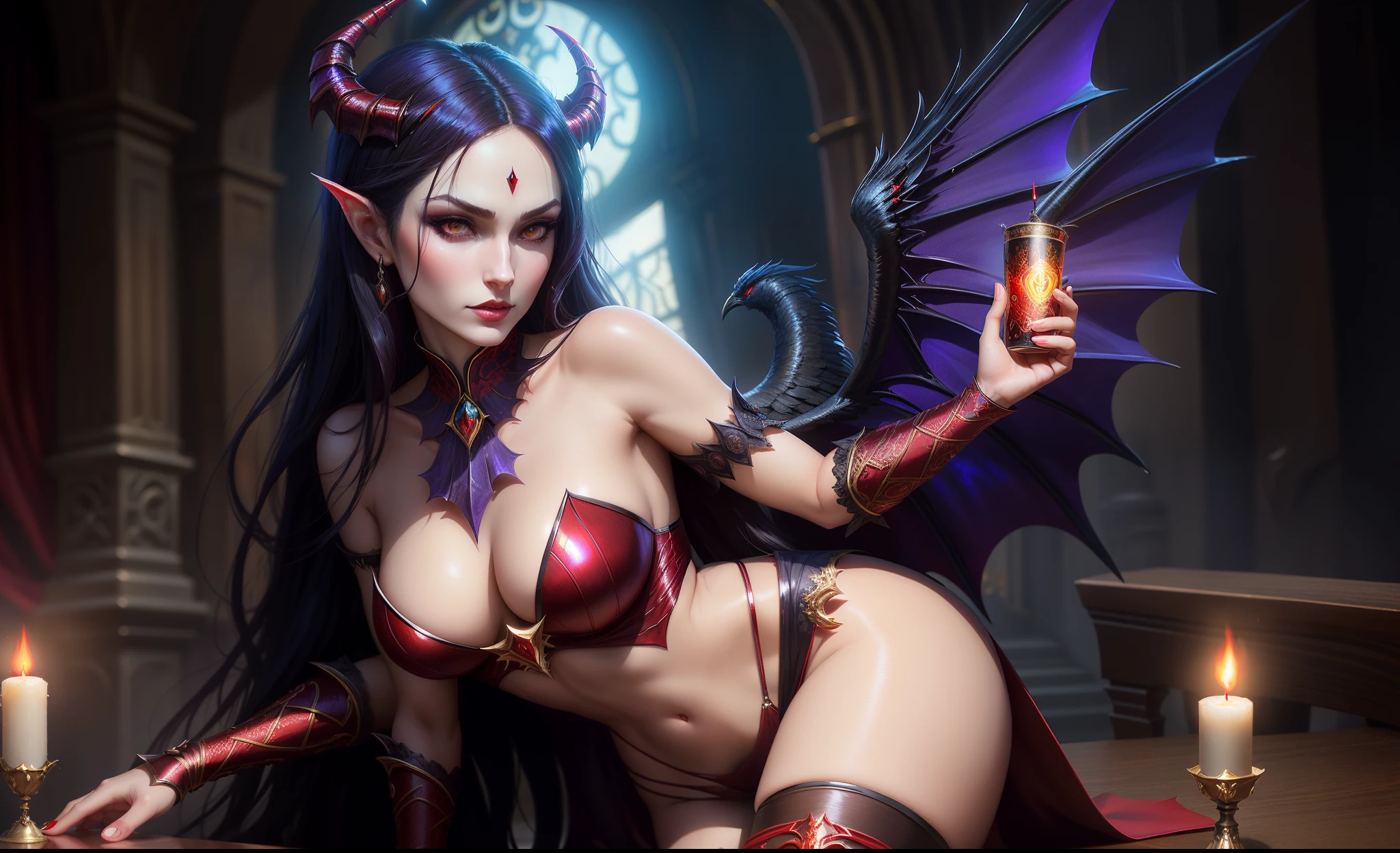 a woman in a red dress with a demon's head and a raven's wings, beautiful elegant demon queen, morgana from league of legends, dark demonic dancer, extremely detailed artgerm, by Yang J, diablo 4 lilith, irelia, goddess of anger, morgana, rossdraws 2. 5, morrigan, artgerm and rossdraws