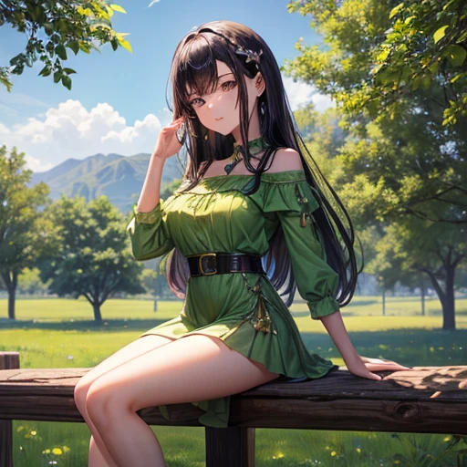 Young girl of 18 years old with long black hair, big bust, de mirada tierna semblante tierno mirada dulce,usando un vestido color verde Lima , con un anillo de compromiso , usando una cadena tipo militar en su cuello, slim 18 year old young woman with sexy lime green dress behind walnut tree scene on a ranch , outdoors background a cabin, posando sexy
