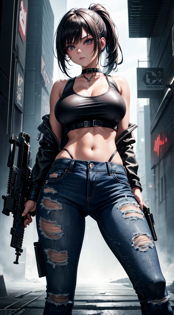 Deformation Girl,leather jacket(open front),tanktop,jeans(damaged),leather boots(black),collection card frame,big breast,shotgun in combat,4K,masterpiece,ultra quality,ultra detail,ultra precision,atmosphere of cyber punk,Lighting for neon,