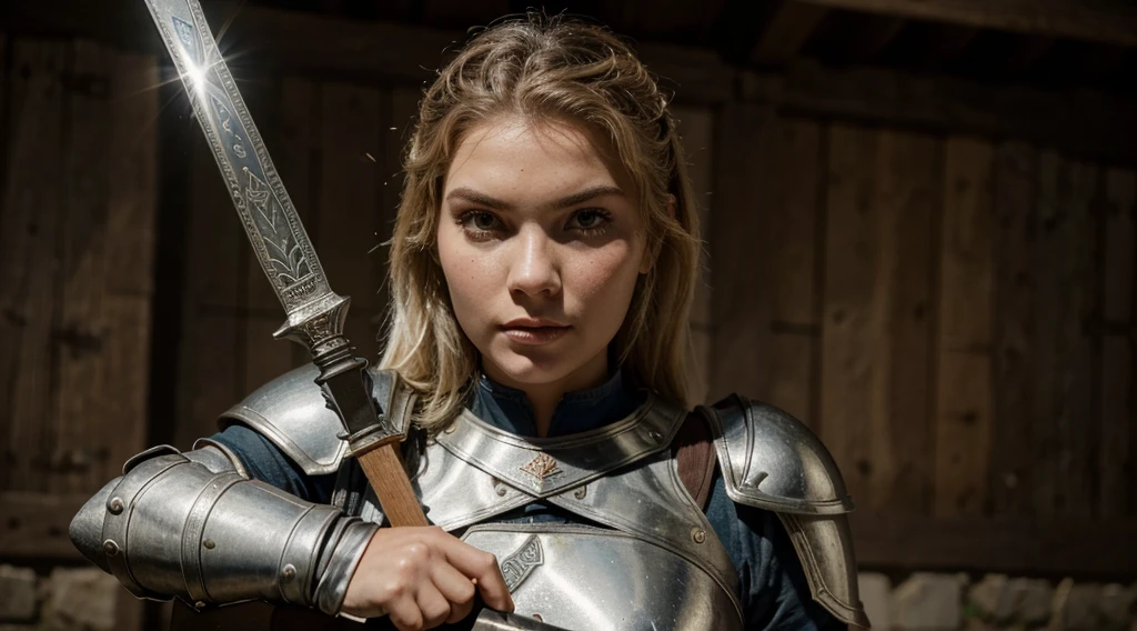 mulher loira de armadura segurando uma espada e parecendo surpresa, Elisha Cuthbert como um guerreiro de RPG, Eliseu Cuthbert como um D&D Paladino, Eliseu Cuthbert como um Paladino, uma guerreira loira , de uma bela cavaleiro feminina, she is holding a sword, guerreira medieval, cavaleiro feminino bonito, fierce expression 4k, na armadura do cavaleiro