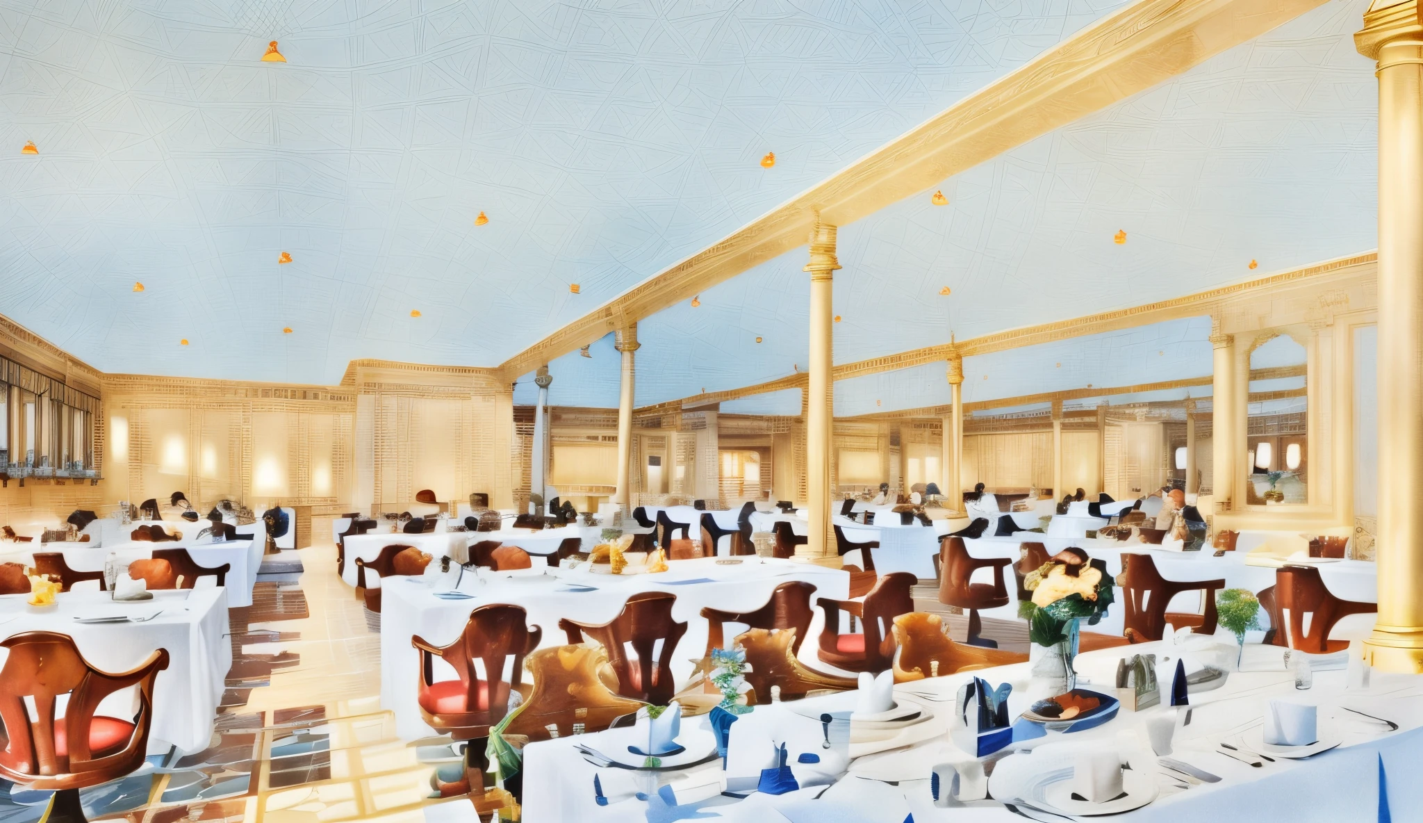 there are many tables and chairs in this restaurant with a skylight, titanic ship interior, dining room, elegant atmosphere, by Richard Mayhew, fancy restaurant, a digital rendering, ornate dining hall, on ocean, by Leonard Long, ship interior, advert, by Karl Völker, by Albert Dorne, by Harvey Pratt, by Robert Adamson
