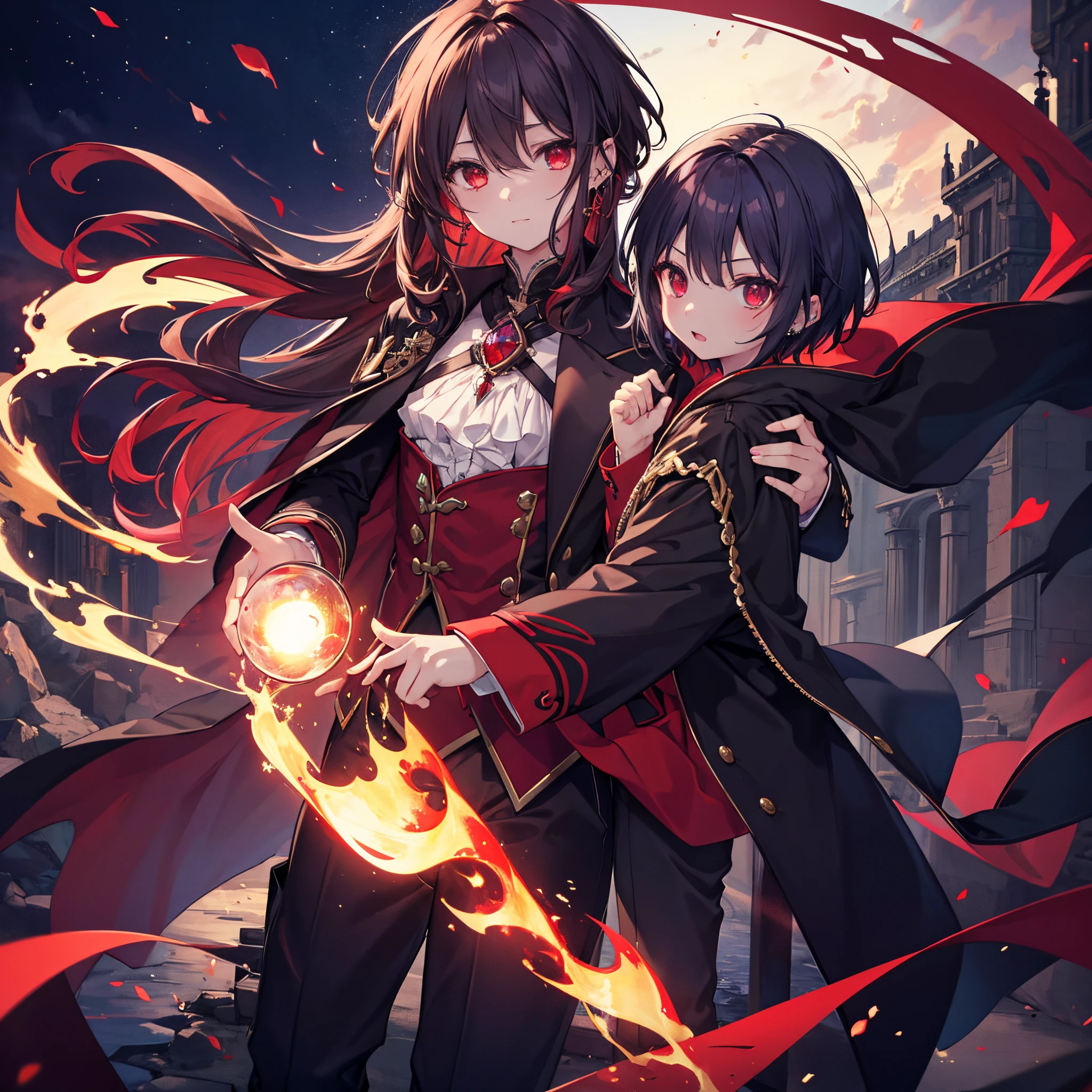 masterpiece、Top image quality、hight resolution、in 8K、Vampires、A dark-haired、Red Eye、magia、Male child、ember、Red Moon、piercings、gyuru、Glowing eyes、Mystical、Fantastical、short-cut、trouser