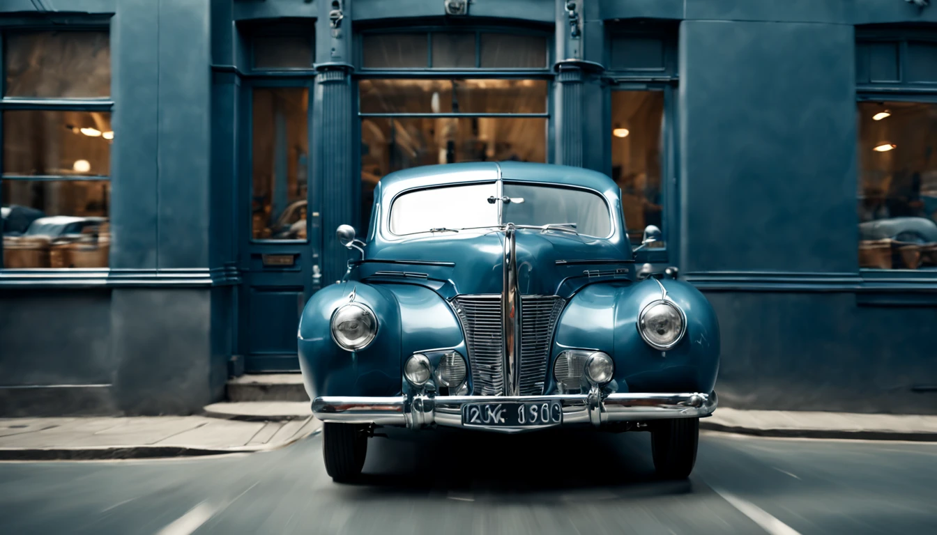 dark grayish-blue car in motion, symmetrical new car, retro, photorealistic, slow motion, motion blur, front right view, 1940s, urban, ultra realistic, cinematic style, worm colors, 8K, HD