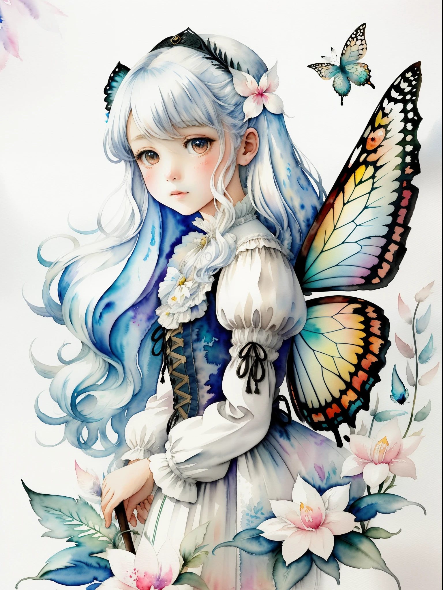 illustratio、watercolor paiting、 Fantasia、 Victorian girl、long white hair、cute little、Deformed、portraitures、butterflys々Feathers of、see this photo