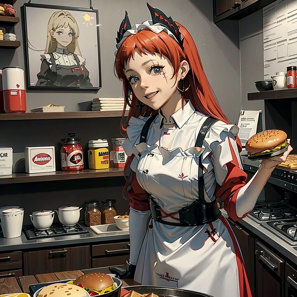 A red hair woman, eating a hamburger, in her nice and clean kitchen with her blonde hair friend, both are laughing and having fun. 4k, unreal engine, cinematic, high quality image.