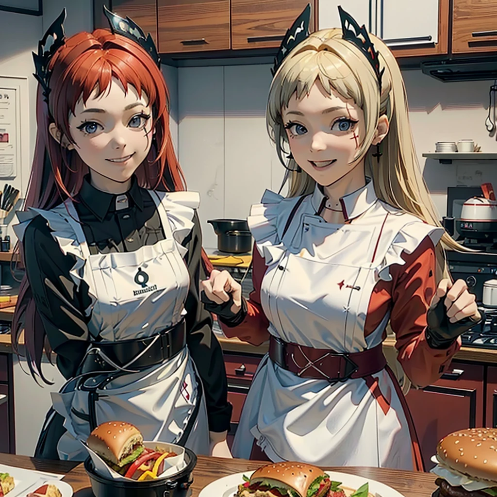 A red hair woman, eating a hamburger, in her nice and clean kitchen with her blonde hair friend, both are laughing and having fun. 4k, unreal engine, cinematic, high quality image.