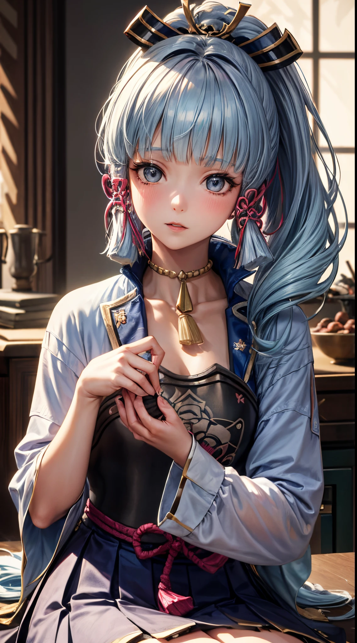 masterpiece:1.2, best quality), realistic, (real picture, intricate details, depth of field), (1girl, solo), make up, parted lips, highly-detailed, perfect face, (skindentation), glossy coral lips, blushing,kamisato ayaka (heytea), kamisato ayaka from genshin impact,high-detailed hands ultra realistic 8k cg, masterpiece, ((ultra detailed background, delicate pattern, intricate detail)), sitting, official alternate costume, ponytail, serafuku, blunt bangs, hair bow, black bow,hair ribbon, red ribbon, BREAK sneakers , pleated skirt, grey eyes, BREAK (light blue hair:1.3), mole under eye , BREAK rich traditional royal house, looking at viewer