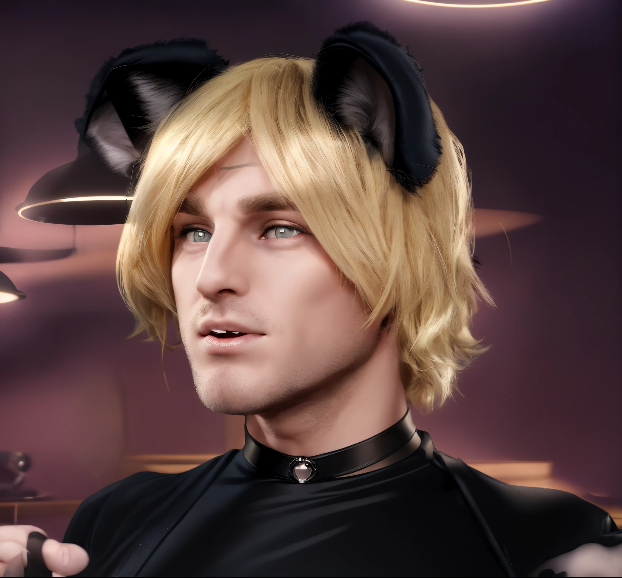 blond haired man with black cat ears and a black shirt, fake cat ears, boy with cat ears glossy blonde beautiful hair, 4k, blurry background, high resolution, rim light, dark background