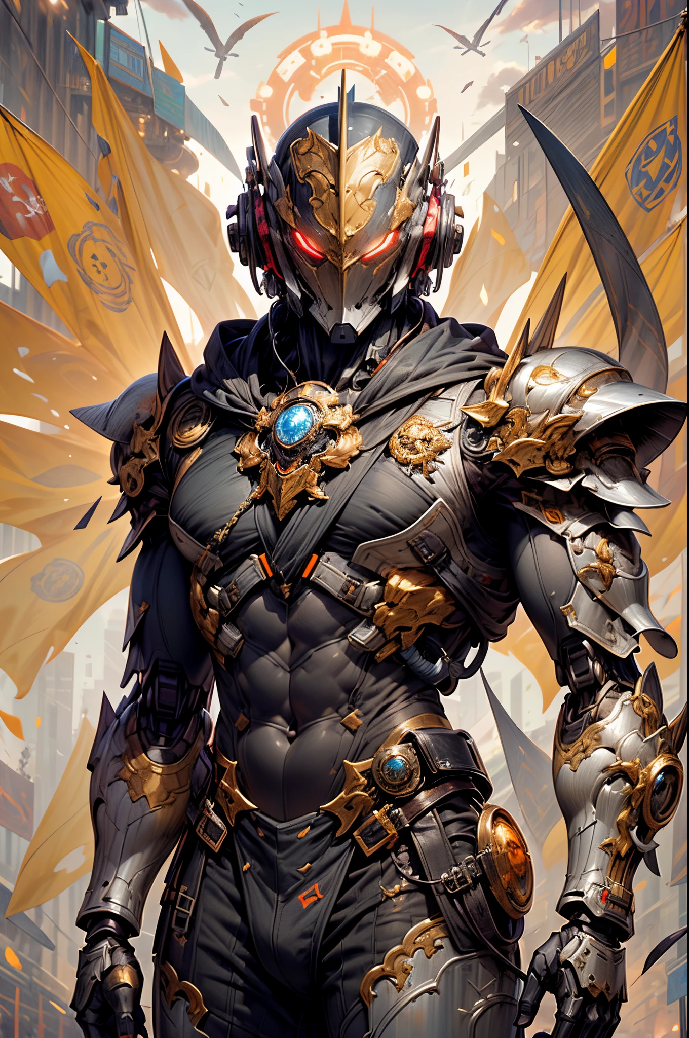 초상화, Face_through_torso, gothic_fantasy, giant_muscular, middle_aged, Tan, brown hair(asymmetrical_bangs, blunt bangs, Crew Cut), glowing_yellow_eyes, The left side of my face is covered with bandages, Wearing a mask, Crazy_face, squinting, heavy armed suit(Wearing a parka on top)